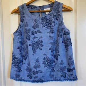 Liz Claiborne Linen Blend Sleeveless Top Raw Hem Blue Floral Small travel resort